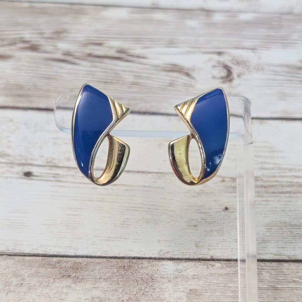 Vintage Stud Earrings For Pierced Ears Blue & Gold Tone Statement